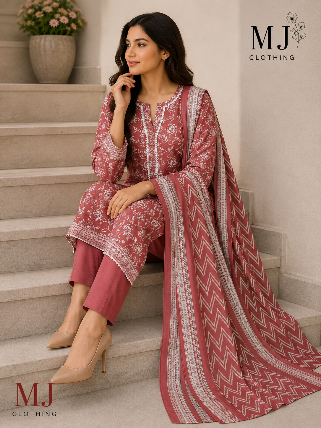 Rose Blush Floral Casual Wear – 3 Piece Printed Shalwar Qameez Set ✨
