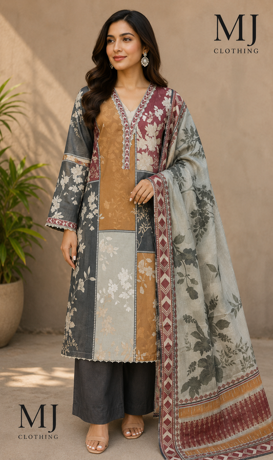 MJ Clothing Premium 3 Piece Stitched Lawn Suit – Mustard, Maroon, Grey & Off-White Printed Casual Wear with Dupatta