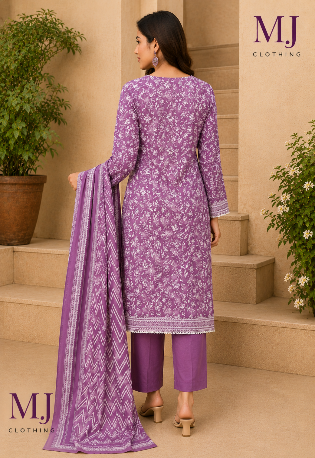 MJ Clothing Premium Purple Floral Printed Lawn 3 Piece Suit with Chevron Dupatta – Casual Wear