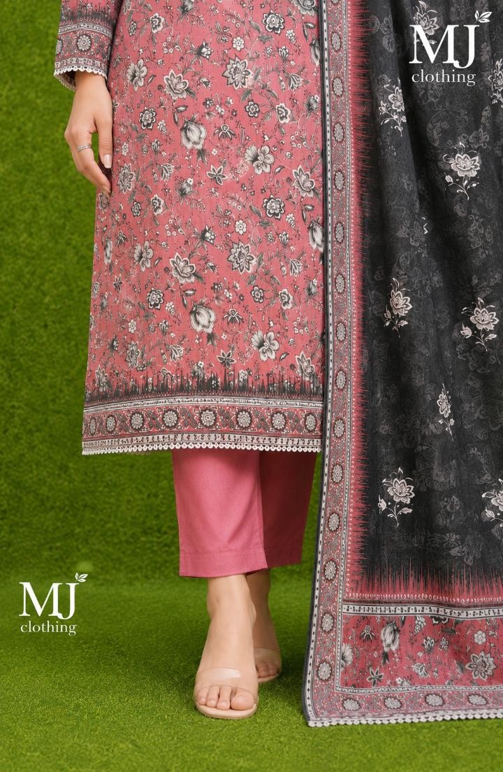 MJ Clothing Premium Pink Floral Printed 3-Piece Casual Wear Lawn Suit with Chiffon Dupatta