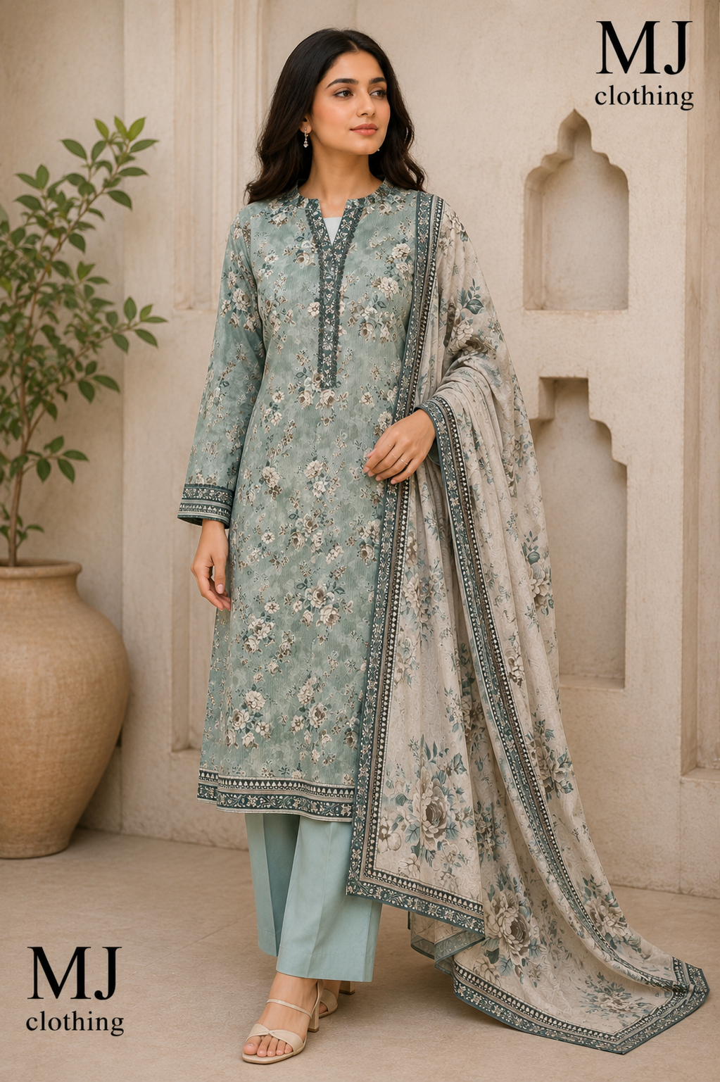 MJ Clothing | Sage Bloom 3 Piece Premium Printed Suit