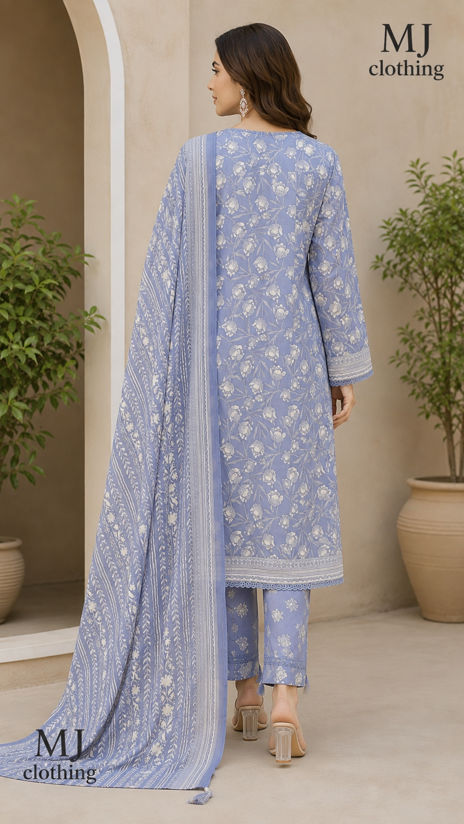MJ Clothing – Dusty Periwinkle Blue Floral 3 Piece Stitched Suit | Premium Ready-to-Wear Collection
