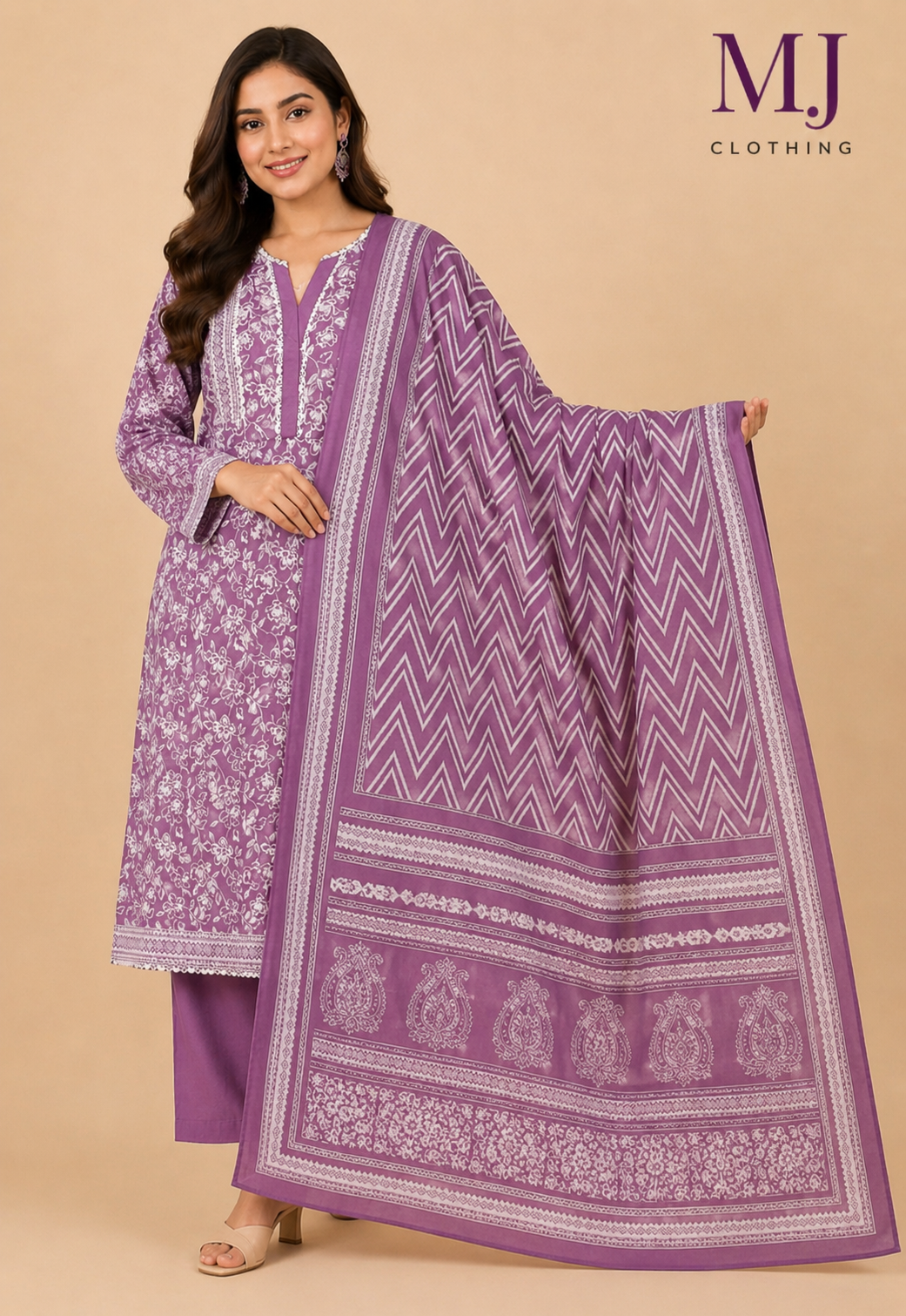 MJ Clothing Premium Purple Floral Printed Lawn 3 Piece Suit with Chevron Dupatta – Casual Wear