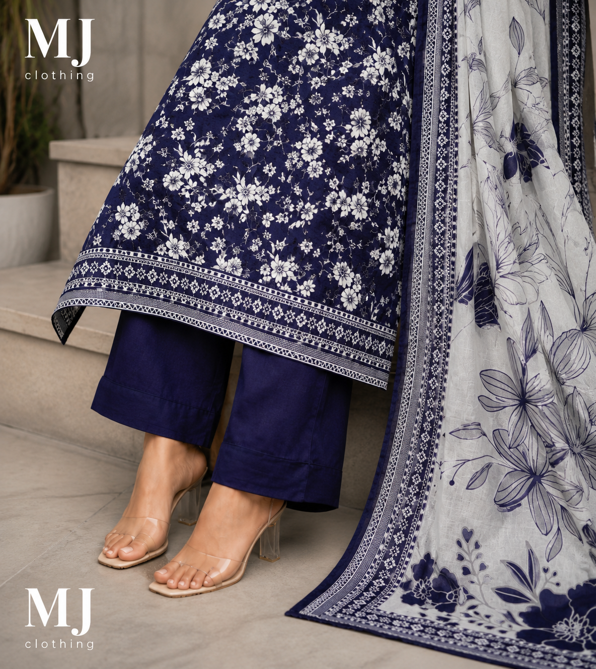 MJ Clothing Navy Blue Floral 3 Piece Stitched Lawn Suit | Premium Casual Wear
