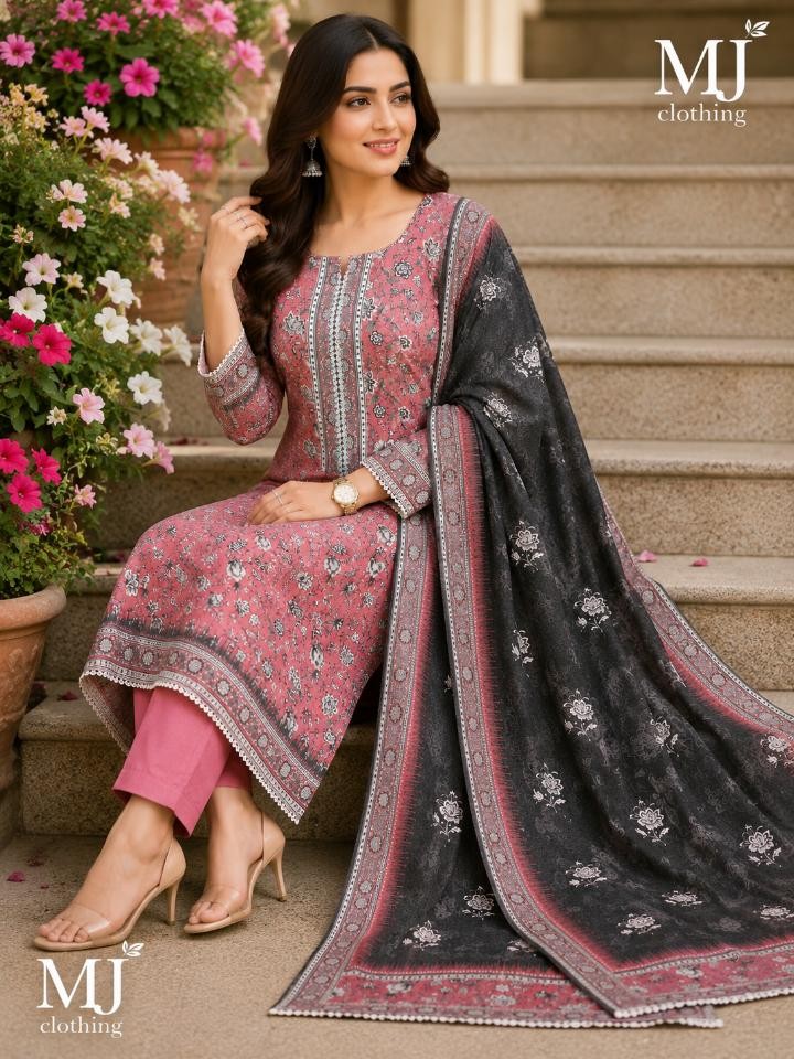 MJ Clothing Premium Pink Floral Printed 3-Piece Casual Wear Lawn Suit with Chiffon Dupatta